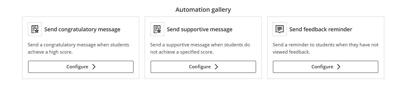 Automations gallery showing congratulatory/supportive message and feedback reminder