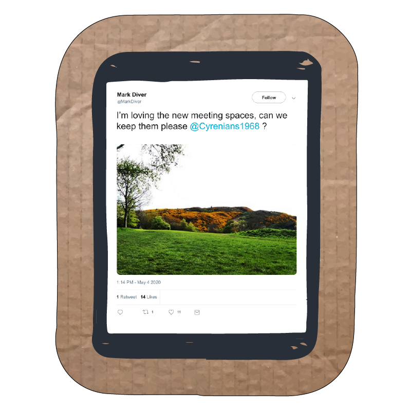 Image of a tweet showing a picture of a park with a mountain and trees