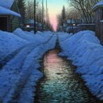 Painting of a back alley in winter, looking into the distance the sky has a pink hue. Snowbanks are on either side of the alley, and there is a puddle in the middle where the tires tracks are. 