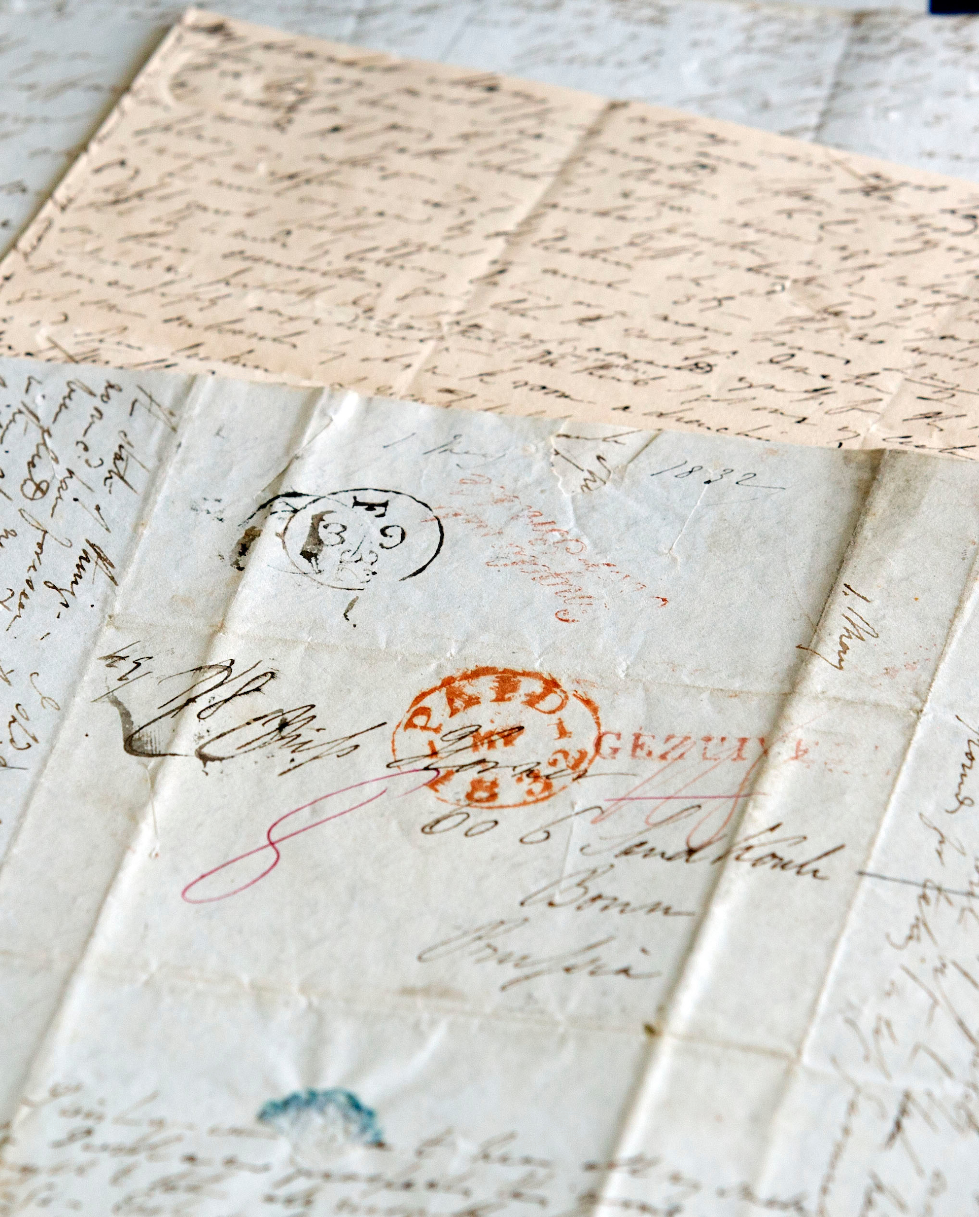 Detail of a letter to Sir Charles Bunbury from the newly acquired Sir Charles Lyell archive. Stamped envelope, with address, black script handwriting on aged paper.