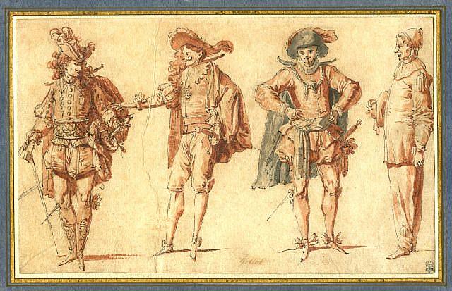 Claude Gillot (1673–1722): Four Commedia dell'arte Figures - Three Gentlemen and Pierrot, c. 1715