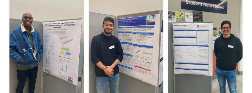 Three side-by-side photographs of researchers standing next to their scientific posters