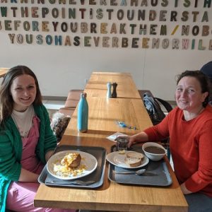 Katie Birt and Kirsty Dundas at lunch in a cafe.