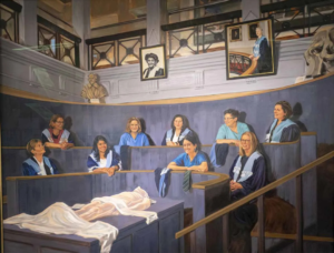 painting of 9 female surgeons sitting in a lecture stay seating looking down on a body on a table cover with cloths