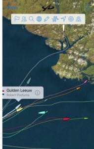Digital map showing the course of the Tall Ships Race with multiple colored lines marking ship routes