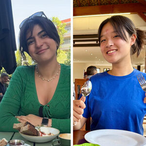 Montage of two students, both sitting at a dinner table.