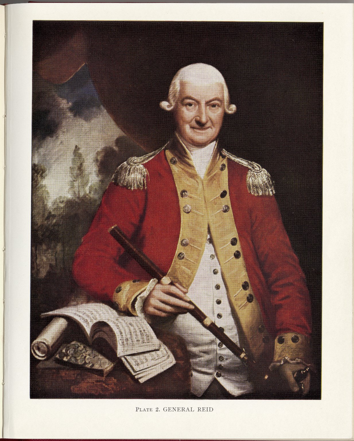 A painting of General John Reid, in uniform, holding a baroque flute and leaning on an open music book.