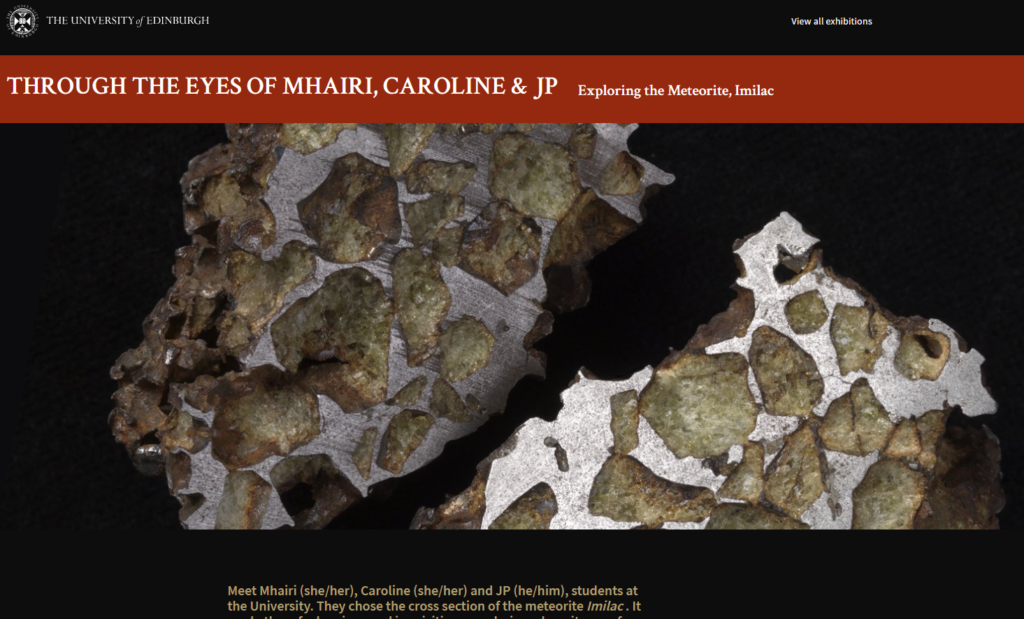 A screenshot of the exhibition website with an orange header reading "Through the Eyes of Mhairi, Caroline, and JP". Below the header is a large photograph of a meteorite, parts of which are shiny, others rough.