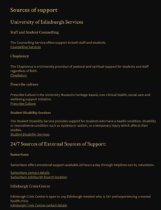 A screenshot with gold on black text listing various mental health resources. 