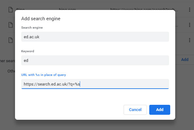 screenshot of chrome settings for an extra search engine