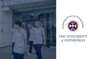 Four nursing students in University of Edinburgh uniforms walking out of a campus building. A graphic beside the photo reads ‘Celebrating 70 years of Nursing Studies’ with the University of Edinburgh logo