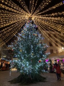 A large Christmas tree adorned with glowing blue and white lights and colorful ornaments stands in a festive plaza.