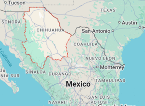 Map highlighting Chihuahua, Mexico with a red dotted outline. Surrounding states and major cities like San Antonio and Monterrey are labeled.