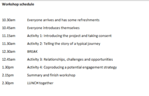 Workshop schedule with times: starting at 10:30 am with arrivals and refreshments, introductions at 10:45 am, and activities throughout the day, ending with lunch at 2:30 pm.