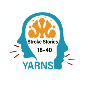 Silhouettes of two overlapping faces, one in teal, with an abstract orange brain design. The word "YARNS" is prominently displayed below.