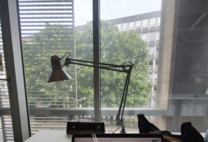 An angle-poise lamp in front of a window. Outside the window, there is a large tree and a modern office building behind it. 