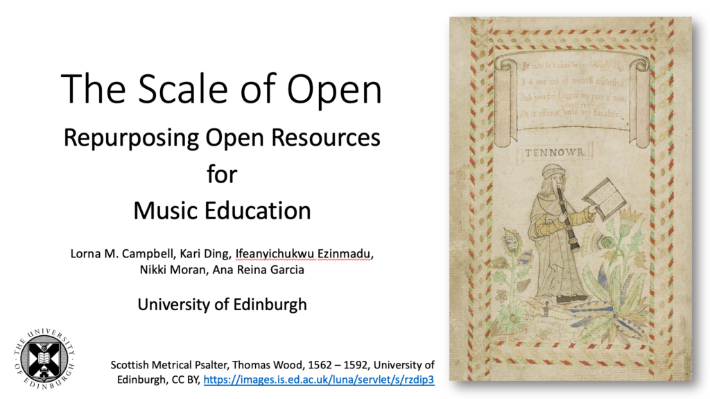 Screen shot of the opening slide of the Scale of Open presentation showing the title of the talk and an image from the Scottish Metrical Psalter.