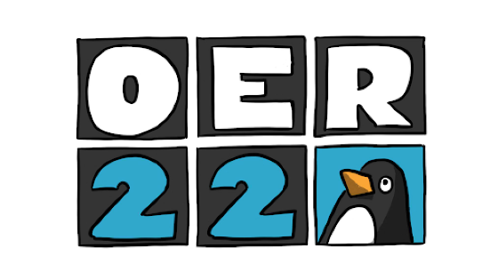 OER22 text with penguin logo in white, black and blue.