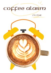 An alarm clock with coffee in the centre and the text ‘Coffee Alarm’.