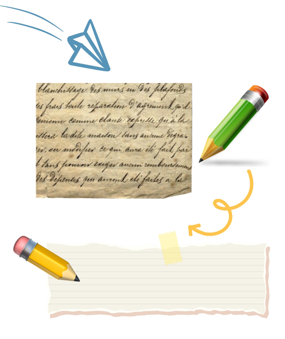 This image appears to contain a piece of handwritten text in the center, with graphic elements such as a paper airplane, pencils, and an arrow pointing toward a blank, torn notepaper below.