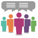 A simplified vector illustration featuring five abstract person icons in different colors, standing together to represent a group. Above them is a gray speech bubble, symbolizing communication or discussion among the individuals. The design is minimalist and conveys concepts of organization, collaboration, or teamwork.