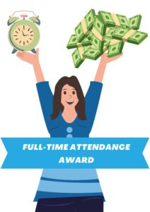 One man happily raised his hands, one resting on an alarm clock and the other on a note, to receive a prize for perfect attendance.