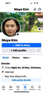 An AI-generated virtual human Maya Kim's Facebook page