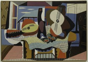 The painting is composed of a variety of geometric shapes, such as circles, rectangles, and triangles, with blue, yellow, brown and gray as the main colors, and the overall color is cool. There are both smooth color blocks and areas full of texture, simulating the difference in texture between the surface of the instrument and the background.