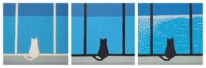 The painting process of the cat looking at the sea