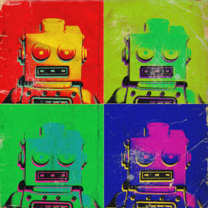 A pop art-style illustration of a retro robot head, presented in a 2x2 grid with four vibrant color variations: red, green, yellow, and blue backgrounds.