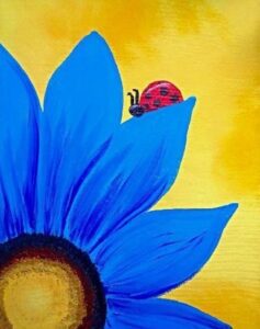 A red ladybug on blue petals against a yellow background