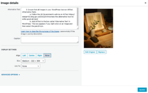 Image of WordPress Image Details editor, box for providing AltText (Alternative Text)