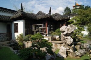 With its elegant garden design, meandering paths, ancient pines and cypresses and lotus in the pond, the Chinese garden demonstrates a harmonious blend of nature and humanity.