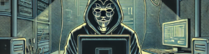 A man wearing a mask sits in front of a computer