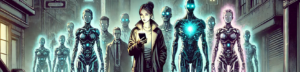 A woman walks down the street using her mobile phone with a pair of virtual people behind her