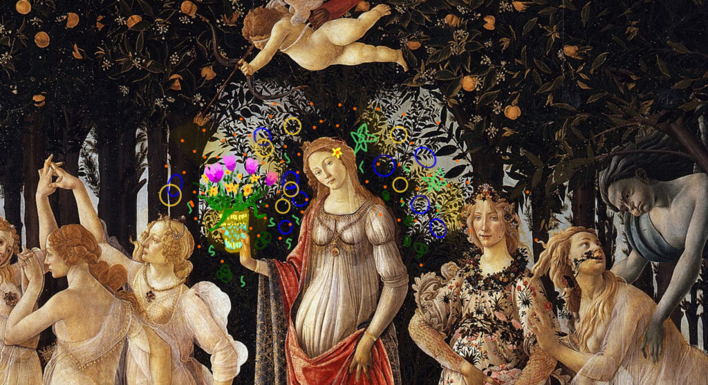 the glass of flowers from your first step is held in the hand of Botticelli's Goddess of Spring, who is surrounded by the splashes of colour you have just scribbled.