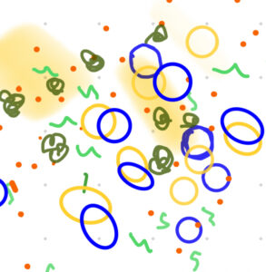 This is a doodle of yellow-blue squared circles and ovals some intersecting and some separating, concentrated in the centre of the picture. Light green S-shaped curves float like ribbons in the middle of these circles, with some small green flowers interspersed as well, along with some orange dots scattered throughout the image.