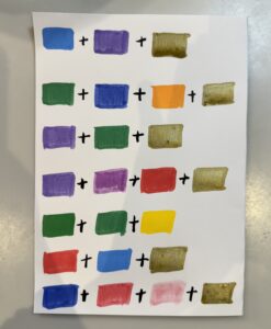 This is a recommended colour card. Colour combination one is blue, purple plus gold. Colour combination two is green, blue, orange plus gold. Combination three is purple, green plus gold. Combination four is purple, violet, red plus gold. Combination five is green, light green plus yellow. Combination six is red, blue plus gold. Combination seven is dark blue, red, pink plus gold.
