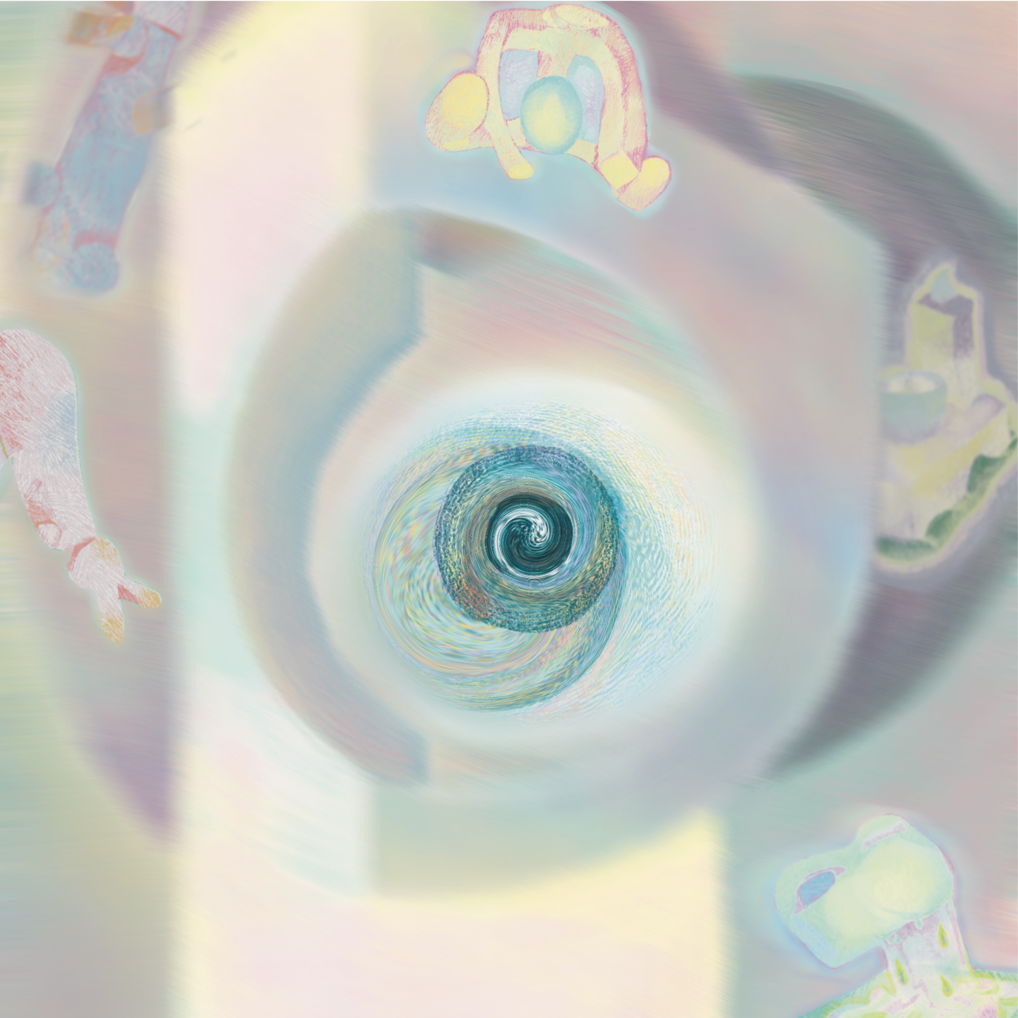 This image shows an eye-like spiral at the center, symbolizing someone peeking into a dream. Around it are soft, abstract figures in pastel colors, creating a surreal, dreamlike feeling.