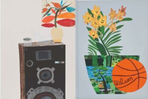 Two brightly coloured collages of interior scenes by Jonas Wood