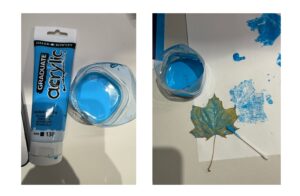 Blue paint and evenly coloured leaves.