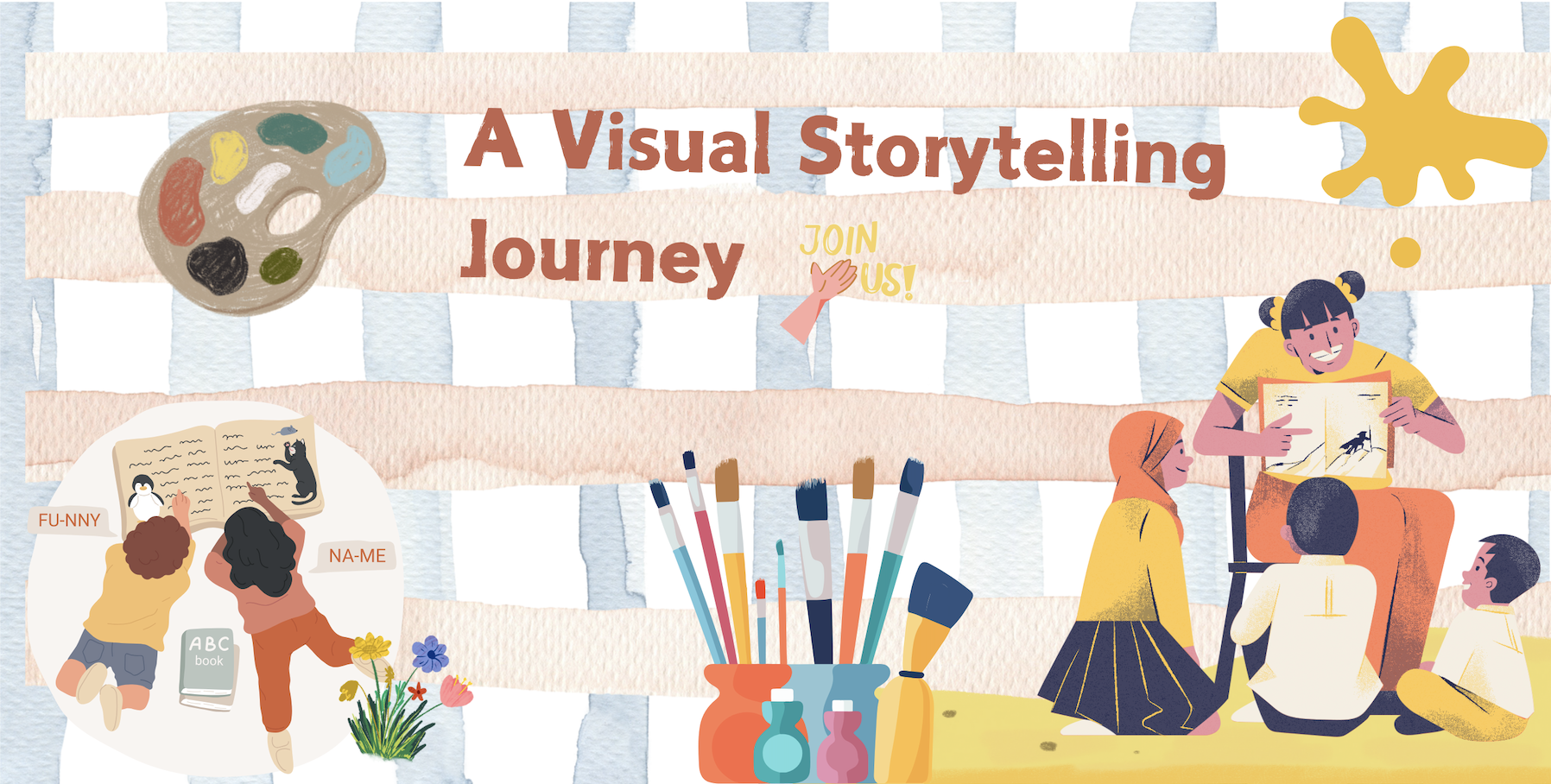 This is a cover illustration by author toolkit titled 'Visual Storytelling Journey'. The design features a playful watercolor checkered background with the artist's palette and brushes arranged around it. In the center, children gather around a teacher who is reading a picture book, creating a lively storytelling atmosphere.