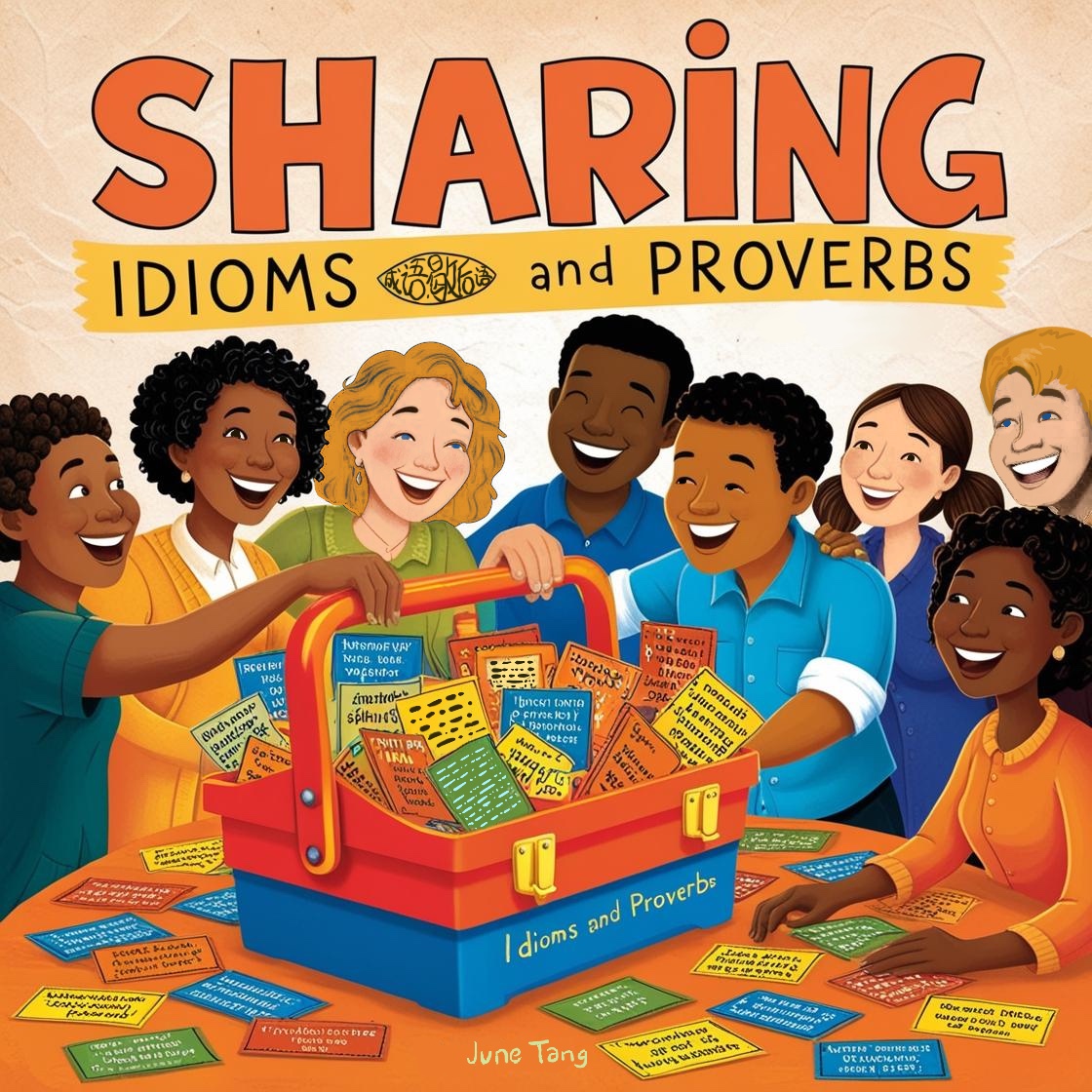 An illustrated cover image shows a diverse group of people gathered around a colorful toolbox labeled 'Idioms and Proverbs.' They are smiling and sharing brightly colored cards with various idioms and proverbs written on them. The people represent different ages and ethnicities, all looking engaged and happy as they explore and discuss the cards together. The image promotes a theme of sharing language and culture through idioms and proverbs