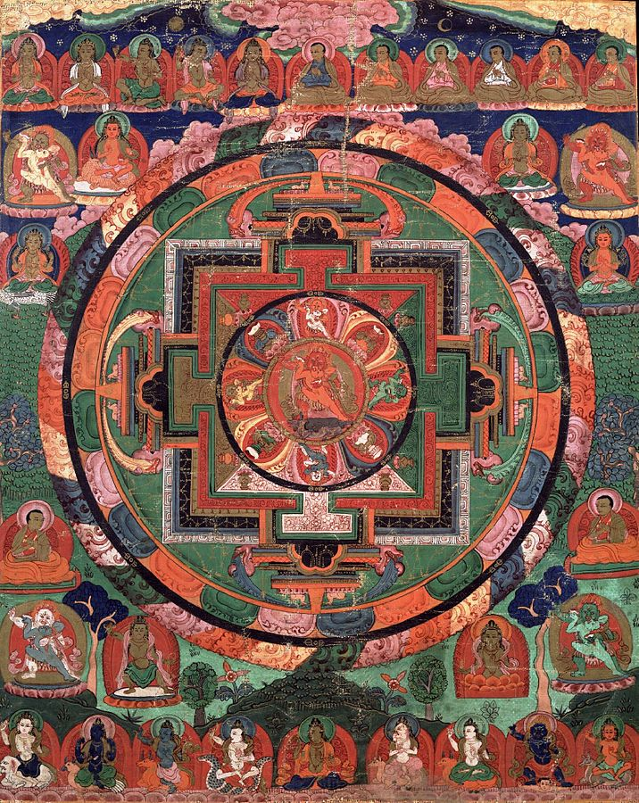 Painted 17th century Tibetan 'Five Deity Mandala', in the center is Rakta Yamari (the Red Enemy of Death) embracing his consort Vajra Vetali, in the corners are the Red, Green White and Yellow Yamari, Rubin Museum of Art