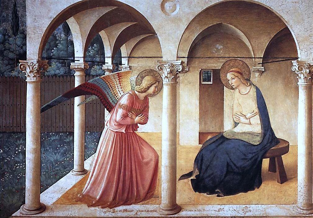 A painting featuring an Angel and the Virgin Mary under an archway.