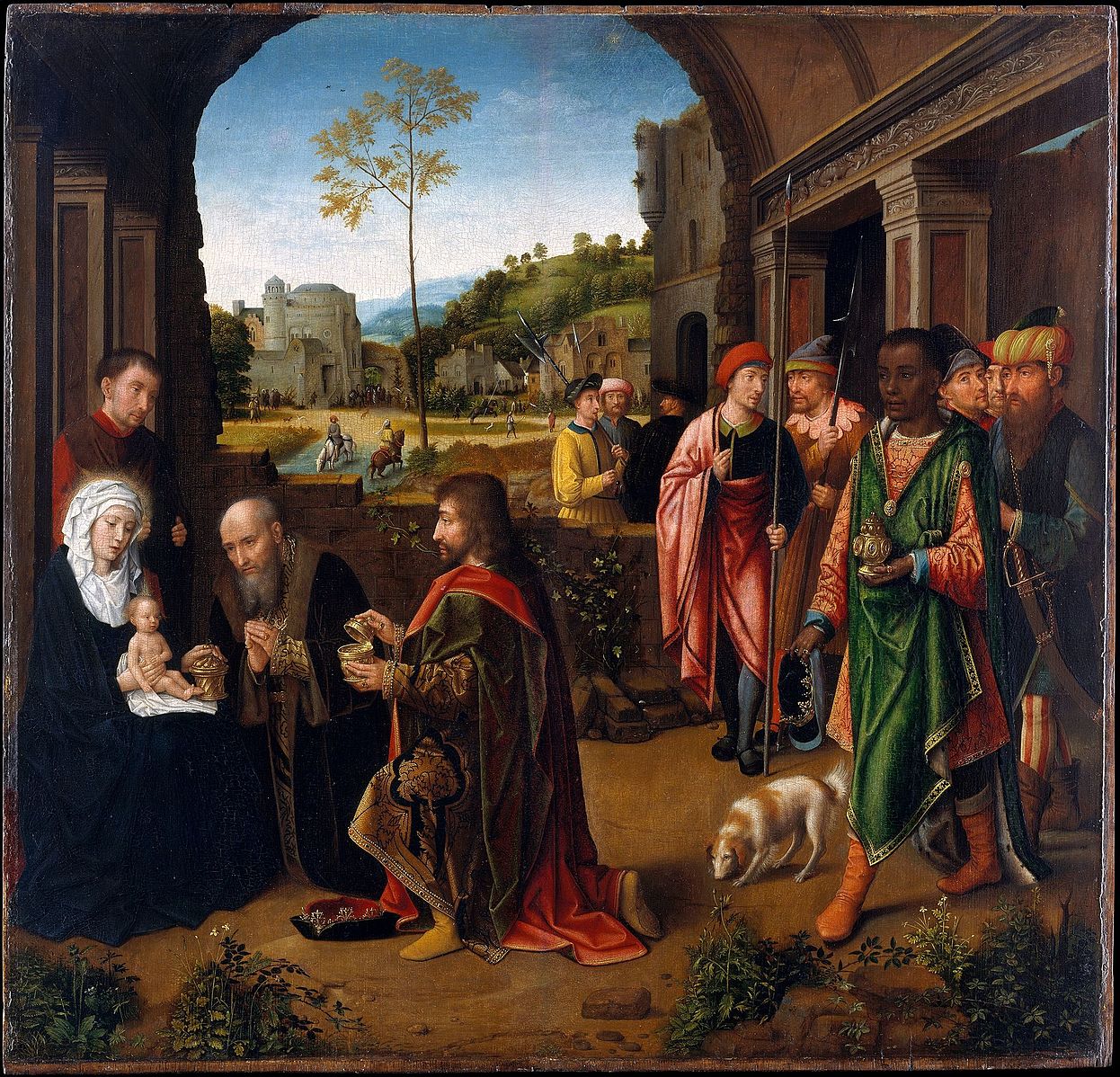 A painting depicting figures including Mary, Jesus, the Wise Men, and attendants in a detailed indoors and pastoral landscape.
