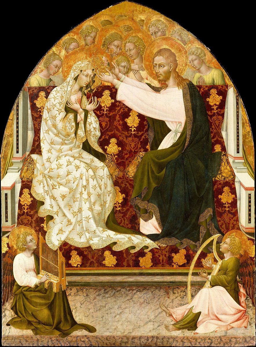 A religious scene with the central figures Mary and Jesus in ornate robes, surrounded by angels with halos, featuring instruments. Jesus crowns Mary.