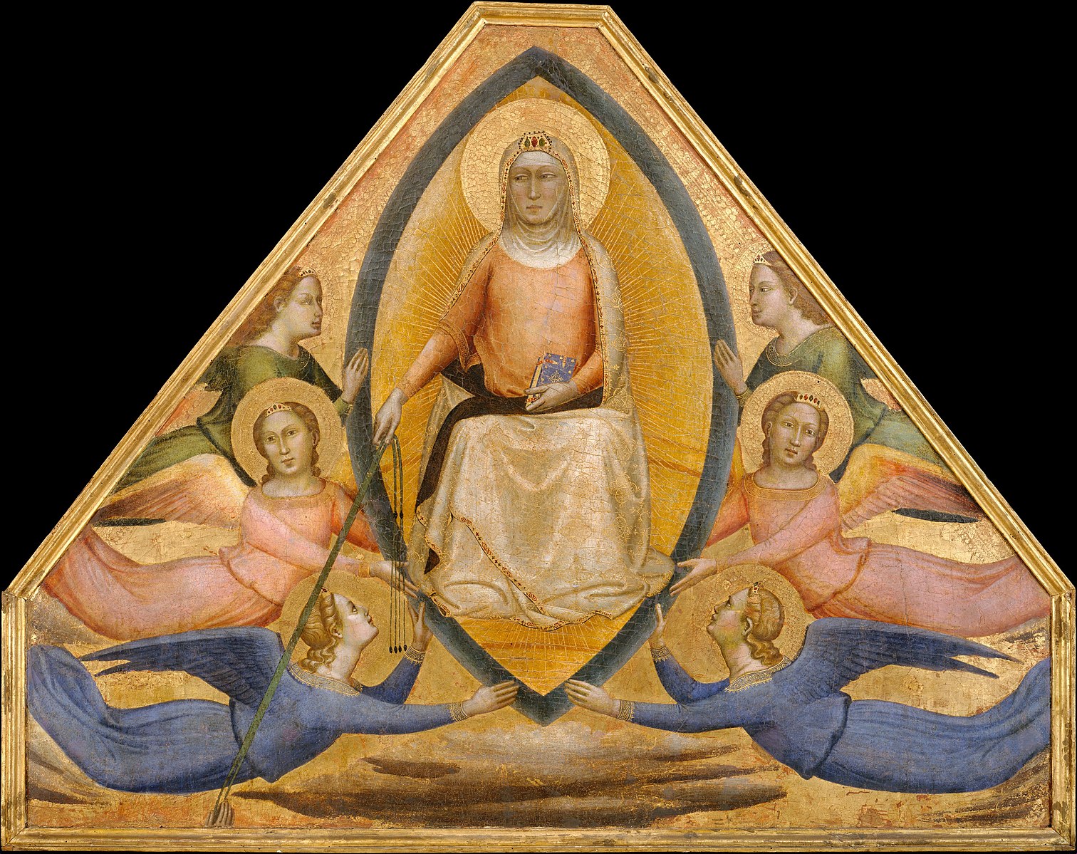 A medieval religious painting featuring a central Madonna in a mandorla, surrounded by six flying angels.