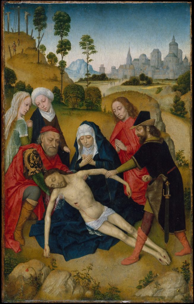 The Virgin Mary is seated with the dead Christ thrown across her lap. They are surrounded by other figures.