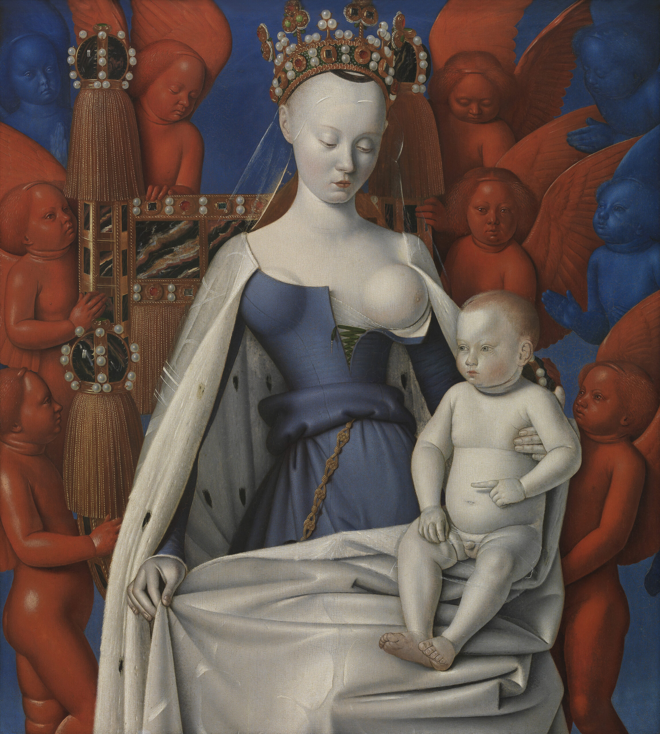 A crowned Madonna holding the Christ Child, surrounded by red and blue winged cherubs. Her breast is exposed.